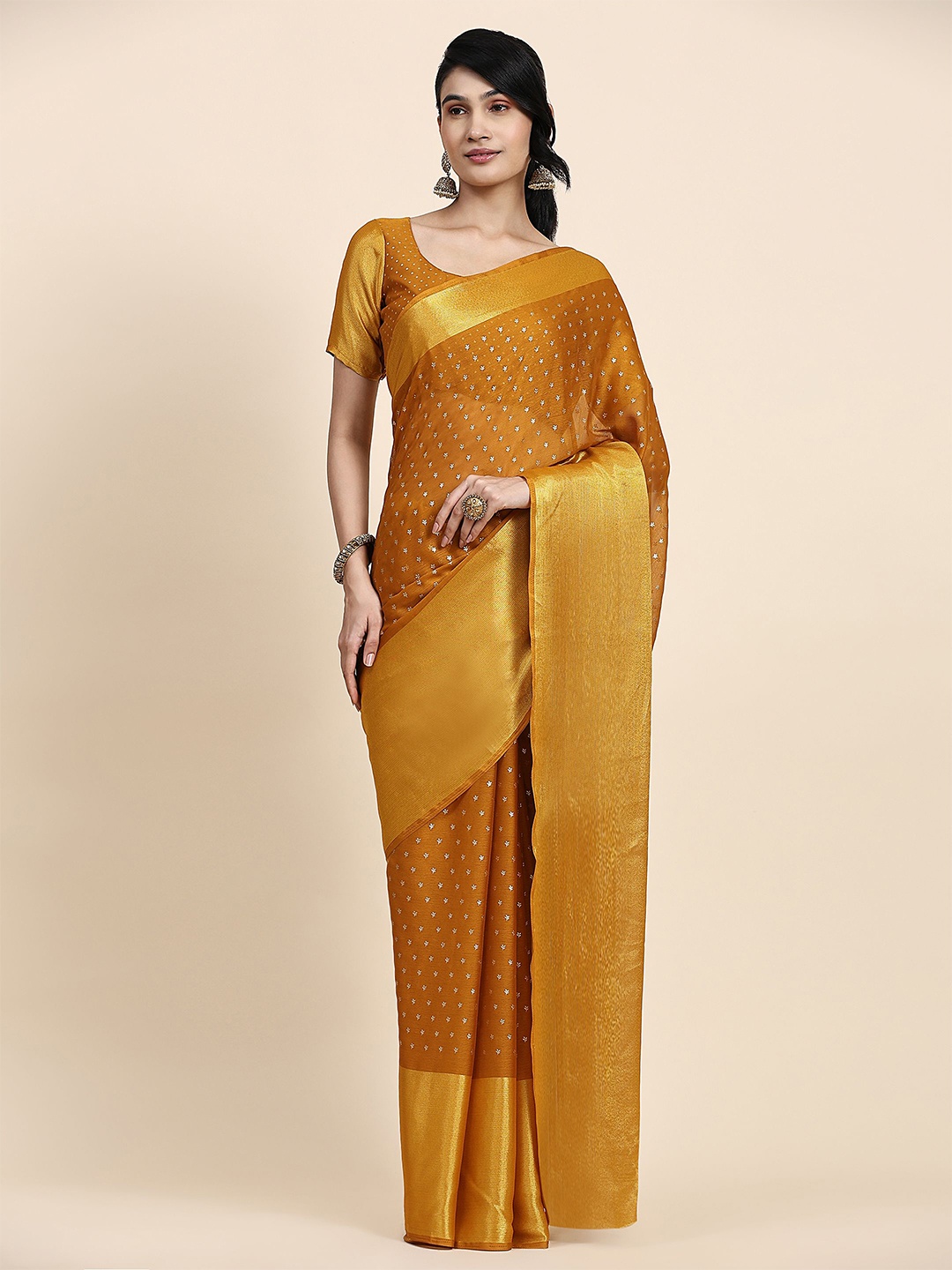 

RACHNA Floral Printed Zari Saree, Mustard
