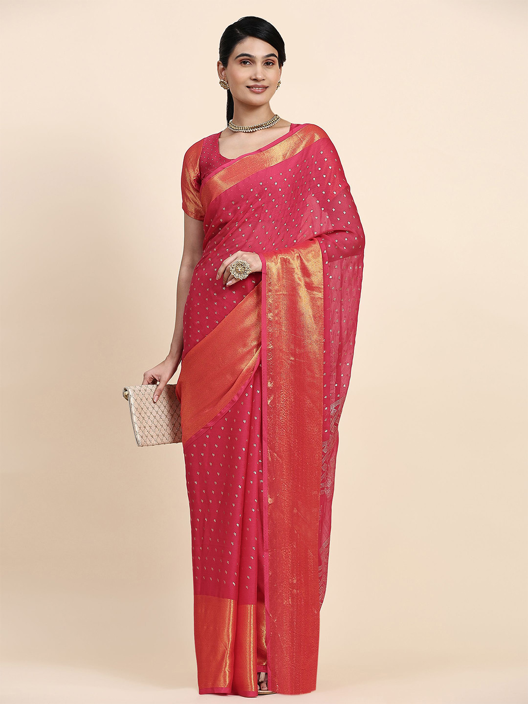 

RACHNA Floral Printed Zari Saree, Pink
