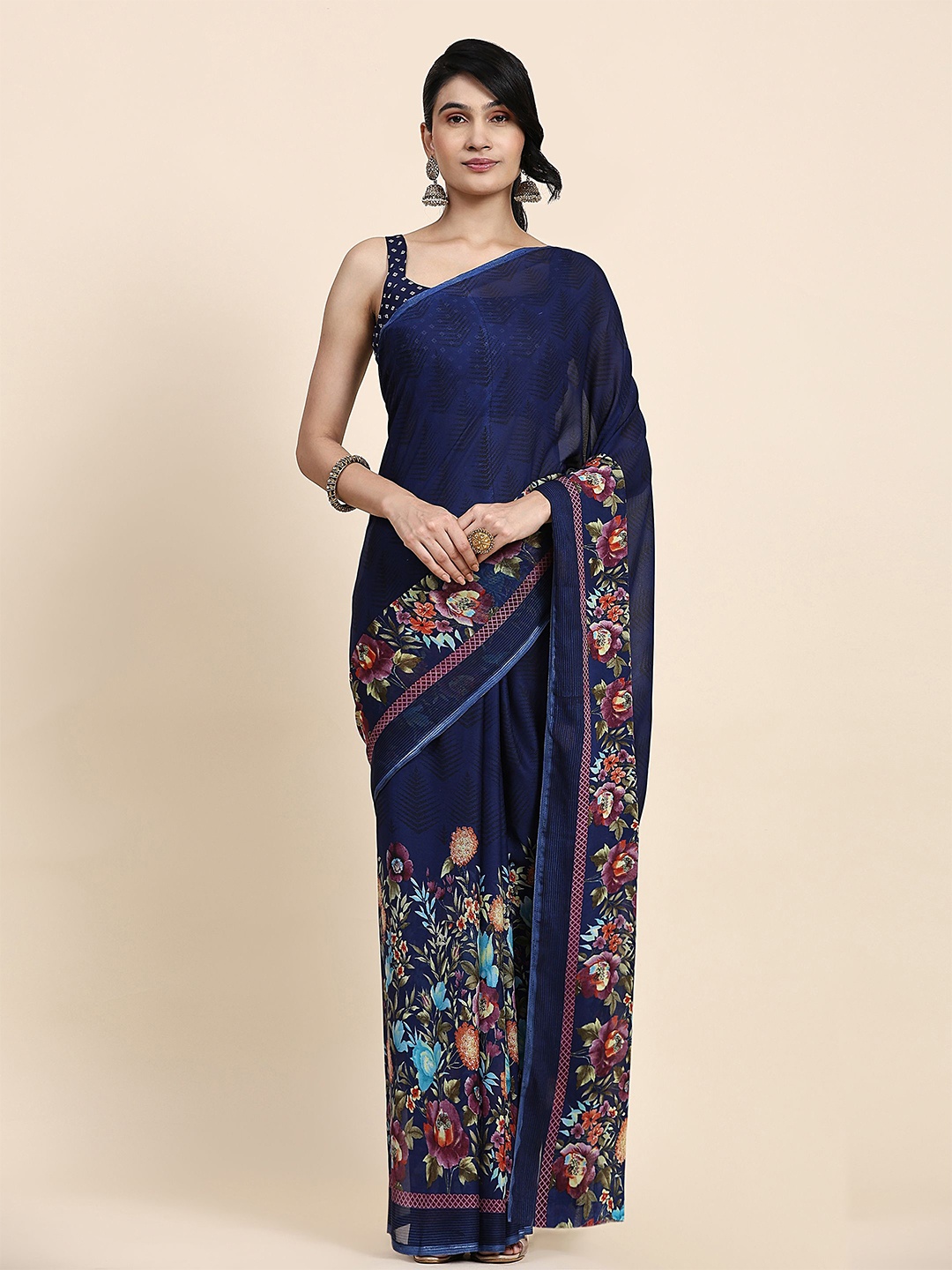 RACHNA Floral Printed Saree, Navy blue