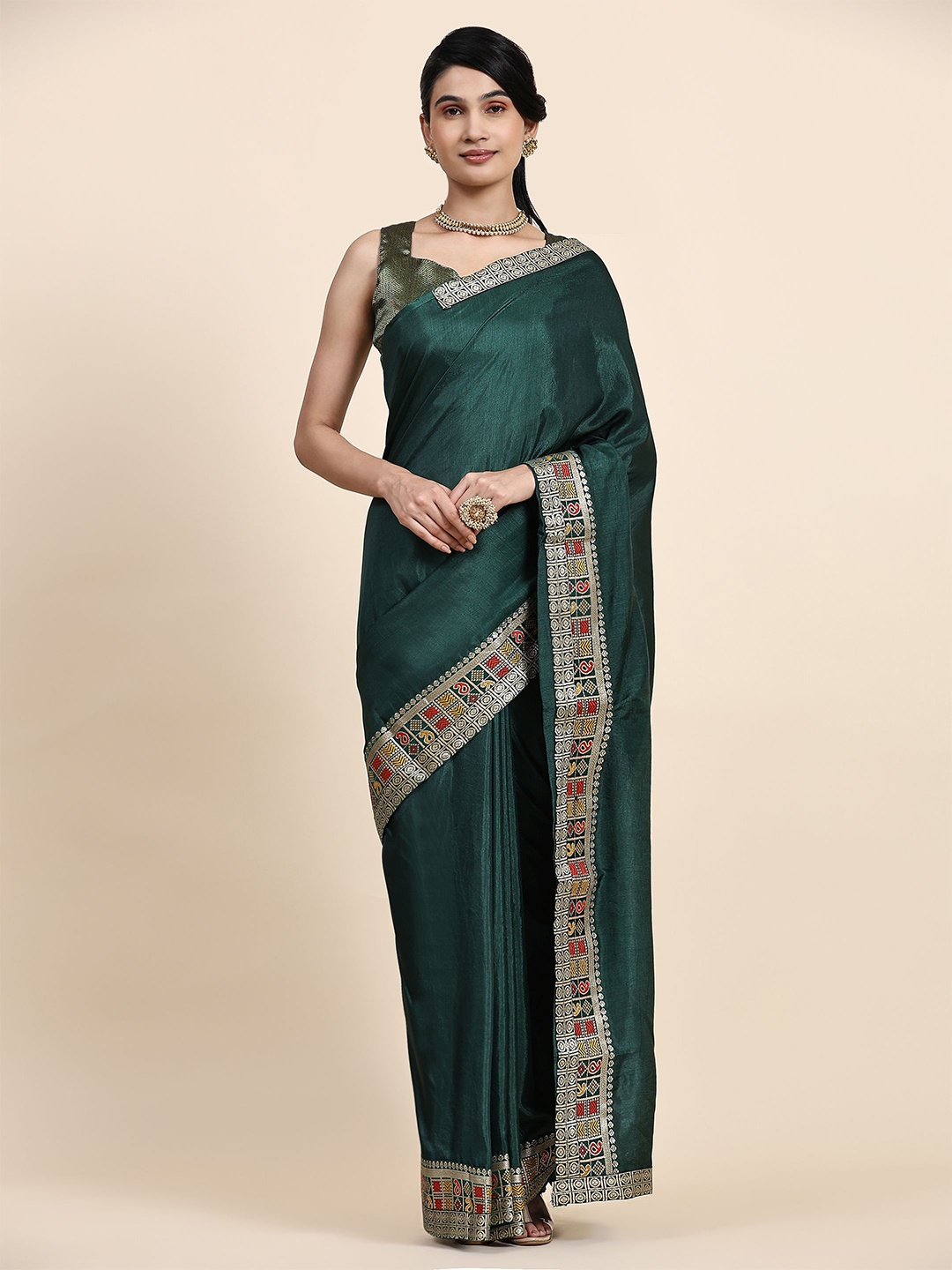 

RACHNA Woven Design Border Saree, Green