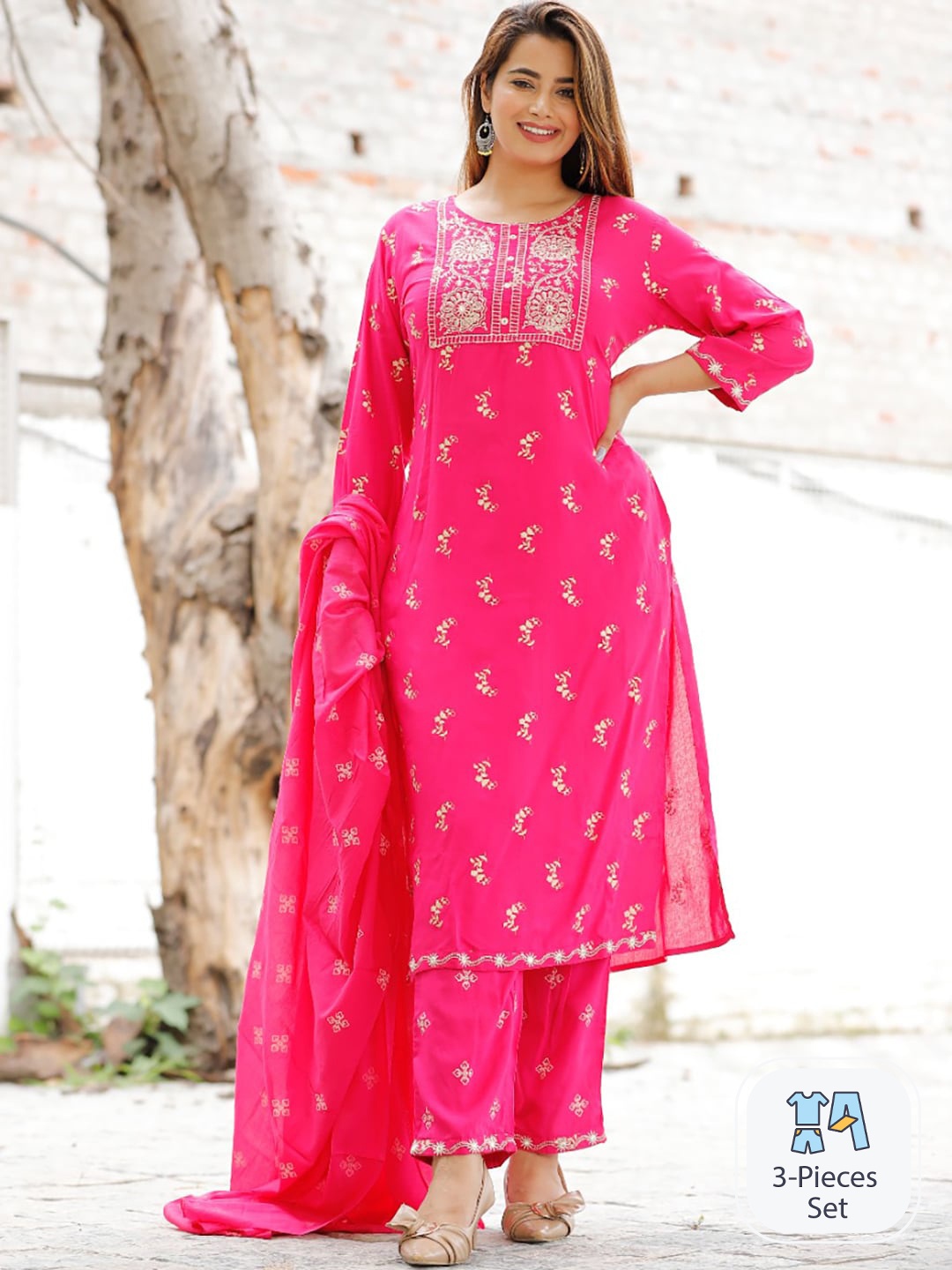 

KALINI Ethnic Motifs Embroidered Mirror Work Kurta with Trousers & Dupatta, Pink