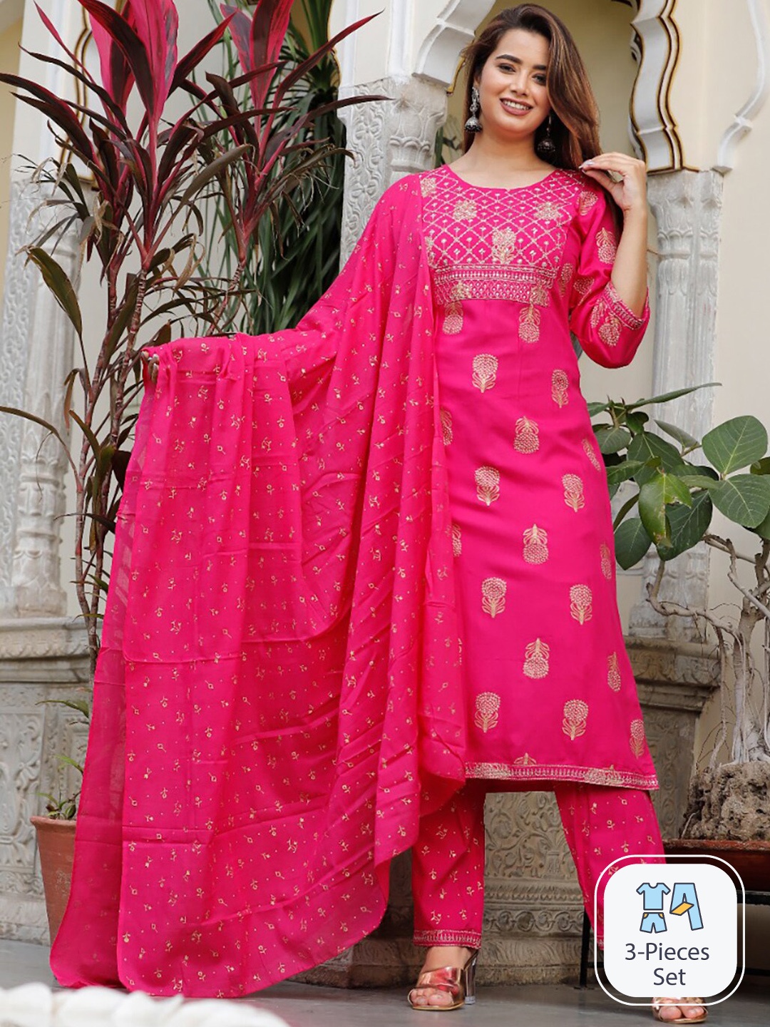 

KALINI Floral Printed Sequined Kurta with Trousers & Dupatta, Pink