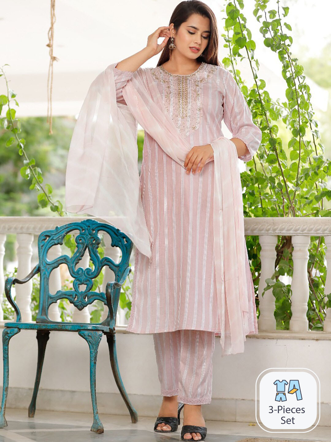 

KALINI Striped Thread Work Kurta with Trousers & Dupatta, Pink