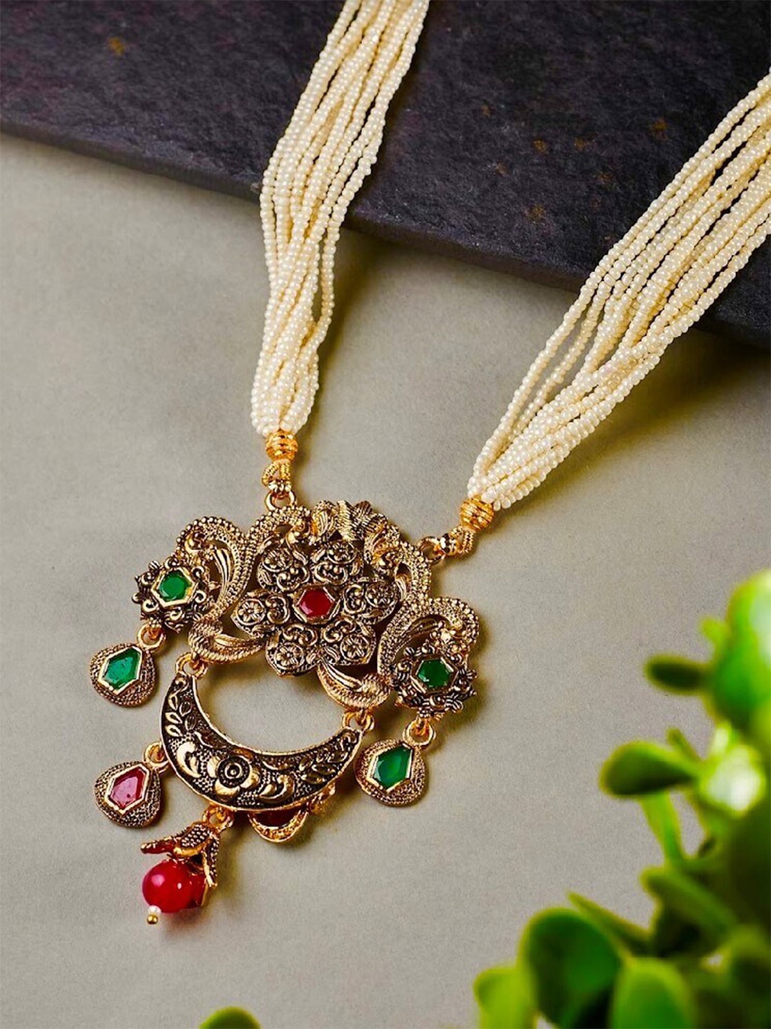 

ATIBELLE Gold-Plated Stone Studded & Beaded Necklace