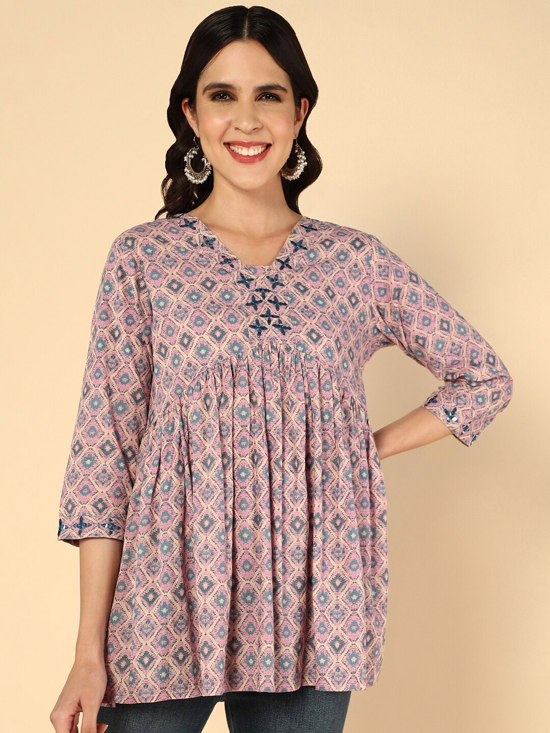 

aturabi Geometric Printed V-Neck Mirror Work Pure Cotton A-Line Kurti, Pink