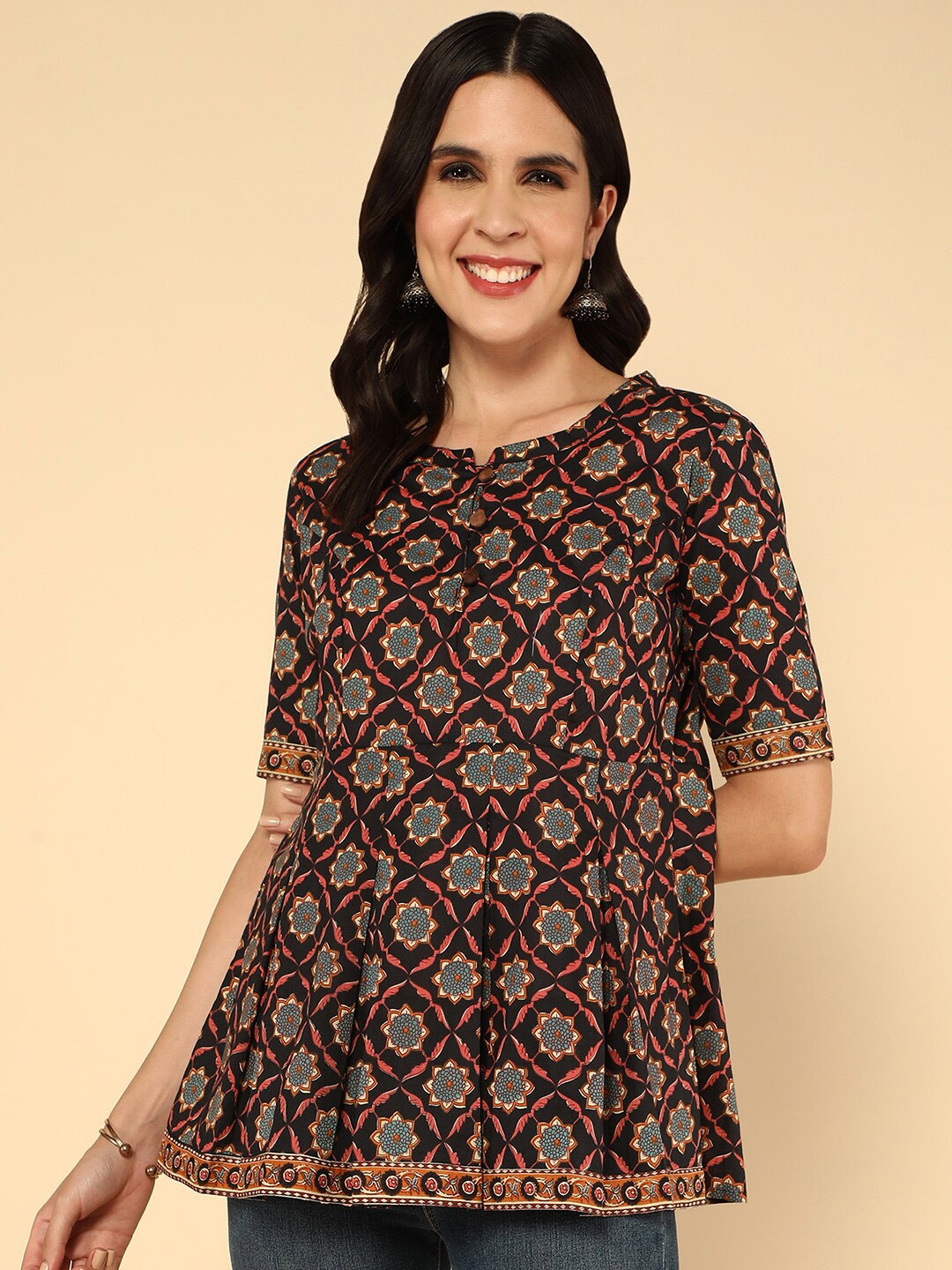 

aturabi Ethnic Motif Printed Pure Cotton A-Line Kurti, Black