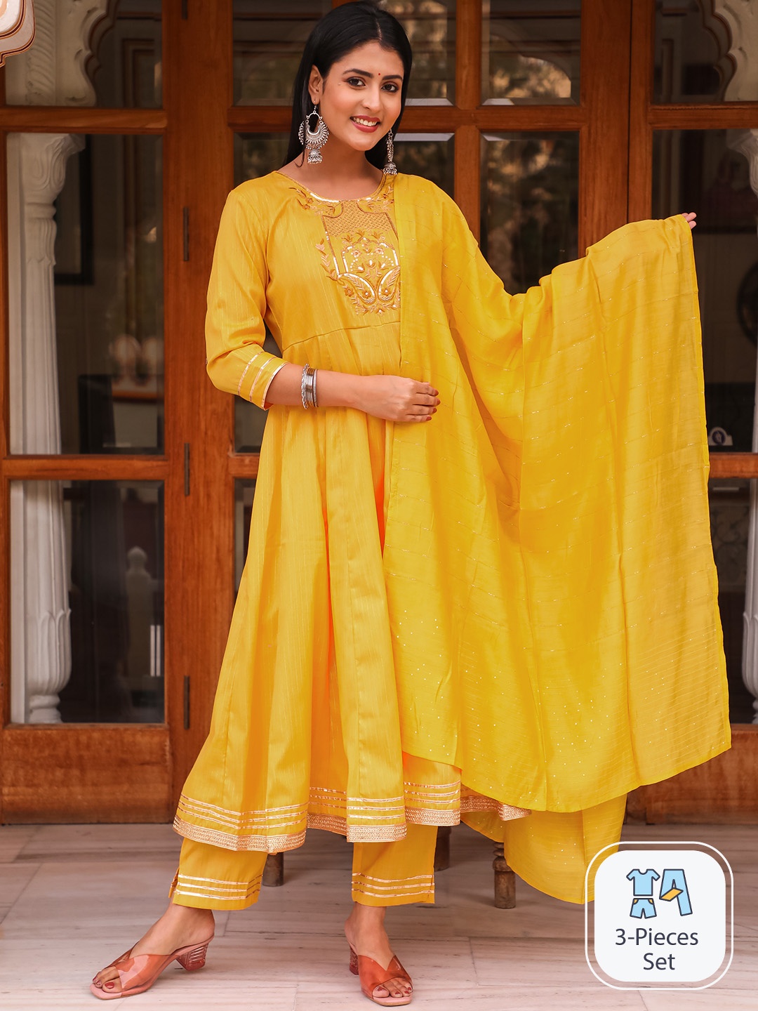 

misbis Women Embroidered Anarkali Kurta with Trousers & With Dupatta, Yellow