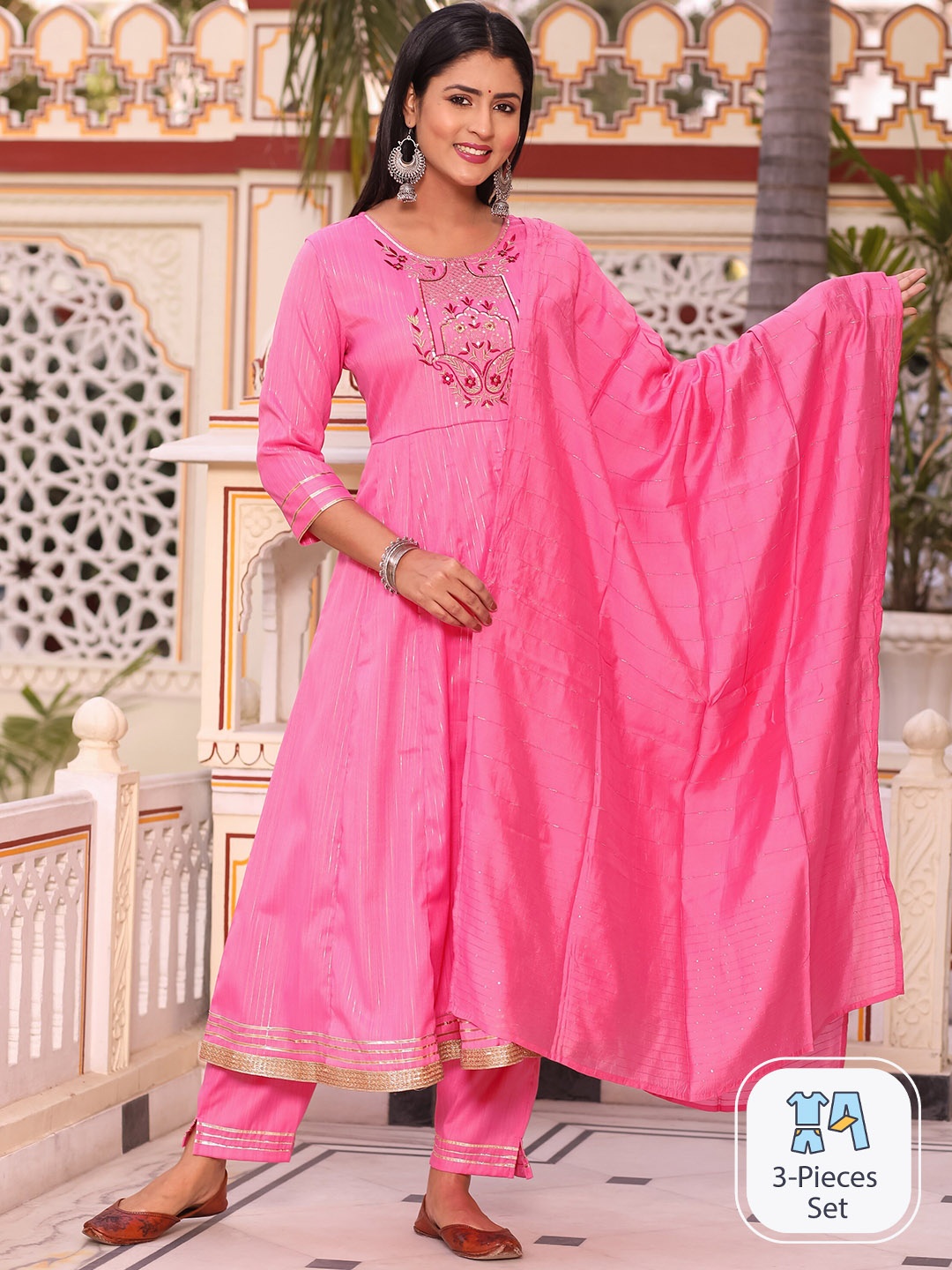 

misbis Striped Sequinned Anarkali Kurta with Trousers & With Dupatta, Pink