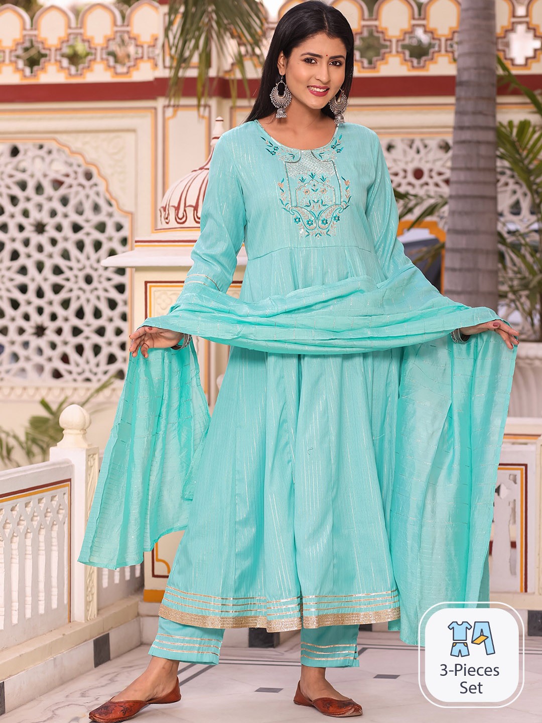 

misbis Women Embroidered Anarkali Kurta with Trousers & With Dupatta, Blue