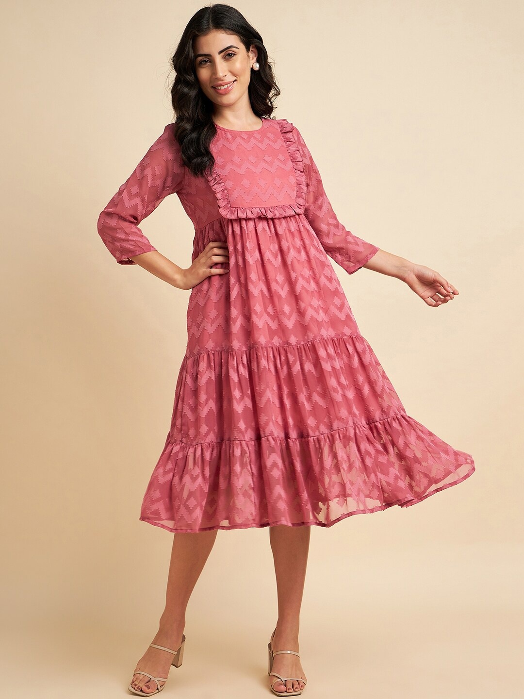 

Azira Self Design Ruffled Tiered Georgette Fit & Flare Midi Dress, Pink