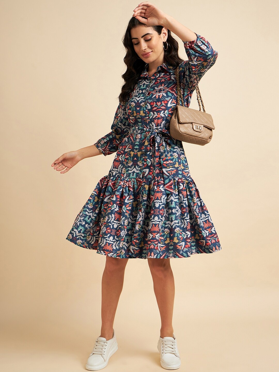 

Azira Floral Printed Puff Sleeves Crepe Fit & Flare Dress, Blue