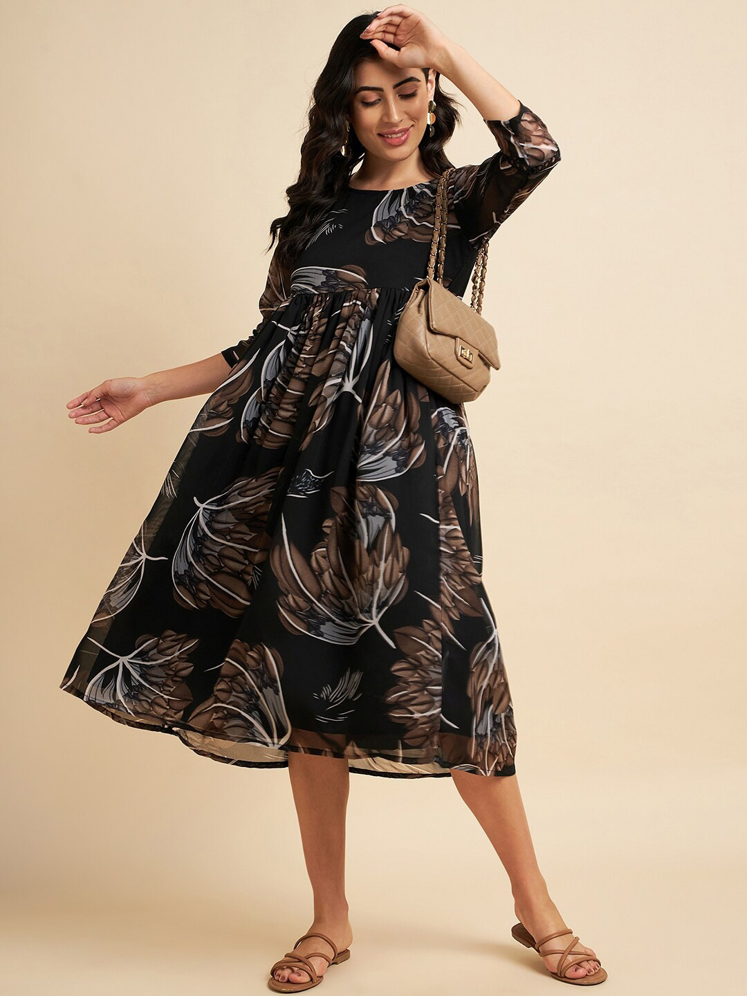 

Azira Floral Printed Georgette Empire Midi Dress, Black
