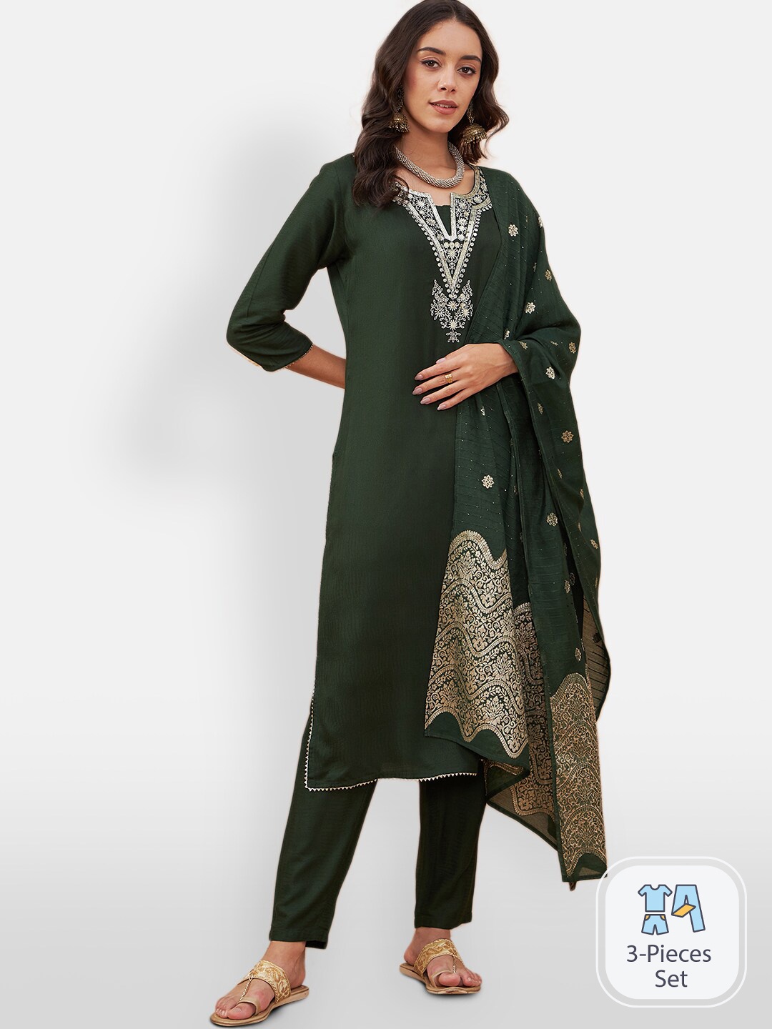 

DIVYANK Embroidered Thread Work Kurta & Trousers With Dupatta, Green