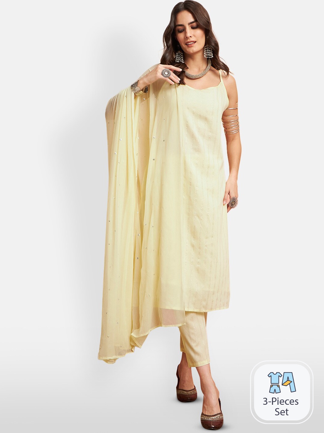 

DIVYANK Striped Shoulder Straps Chanderi Silk Straight Kurta With Trousers & Dupatta, Yellow