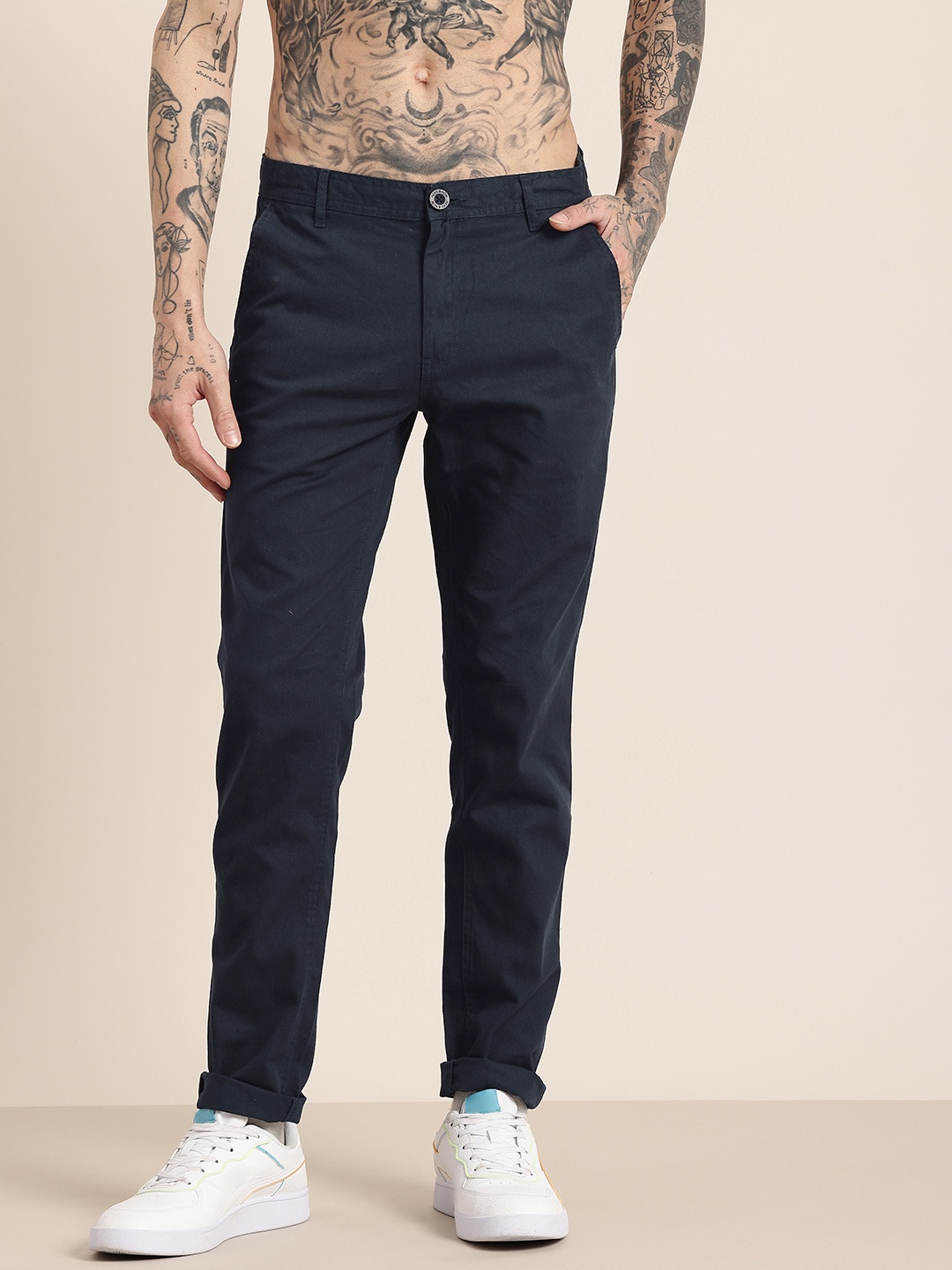 

HERE&NOW Men Slim Fit Pure Cotton Chinos Trousers, Navy blue