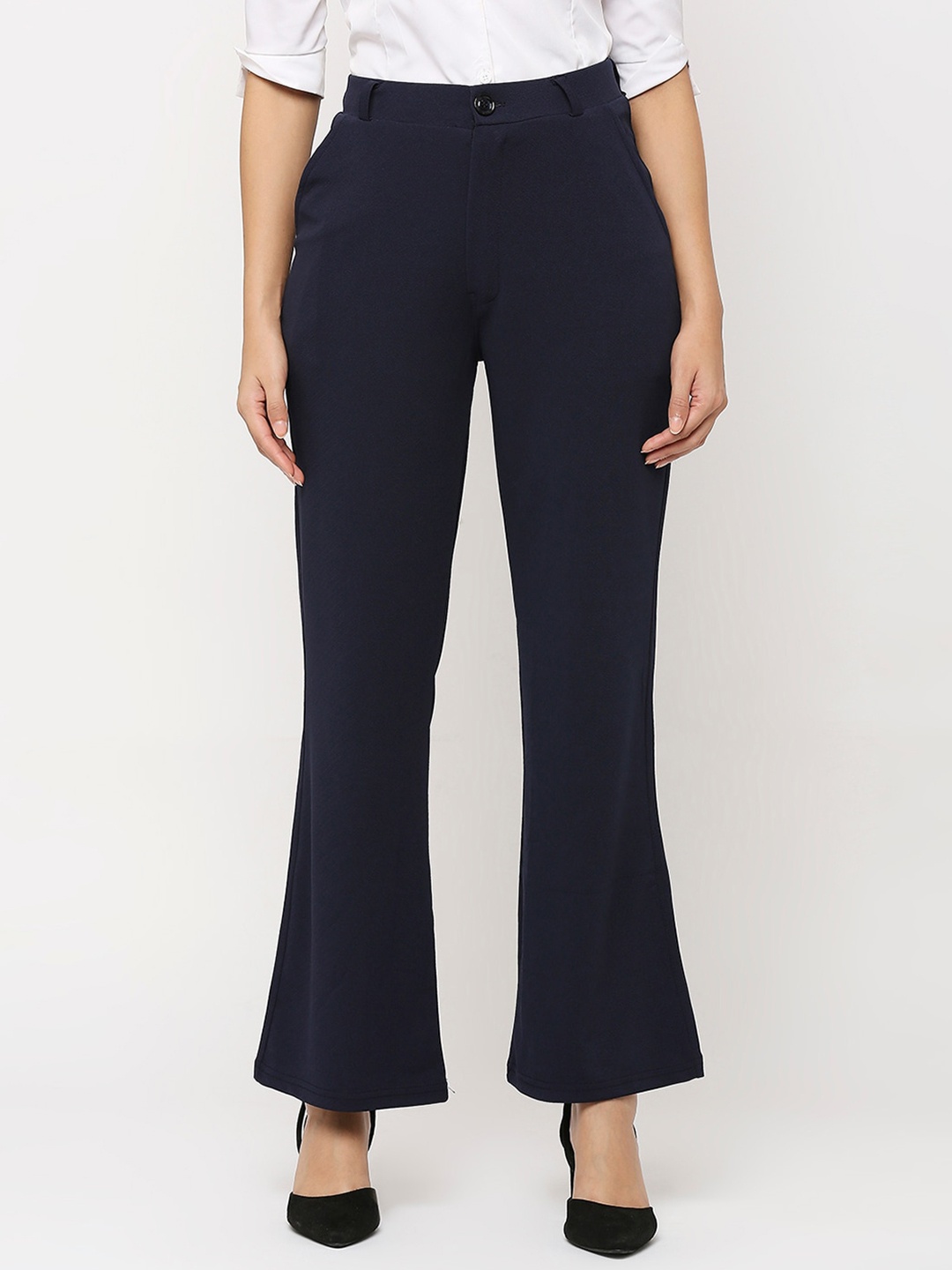 Smarty Pants Women Comfort Flared High-Rise Lint Free Bootcut Trousers, Navy blue
