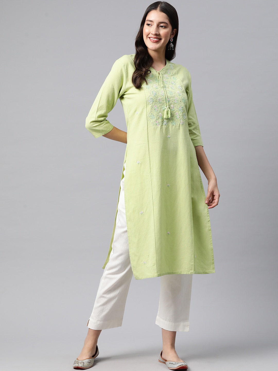 

Readiprint Floral Embroidered Panelled Sequinned Pure Cotton Kurta with Trousers, Green