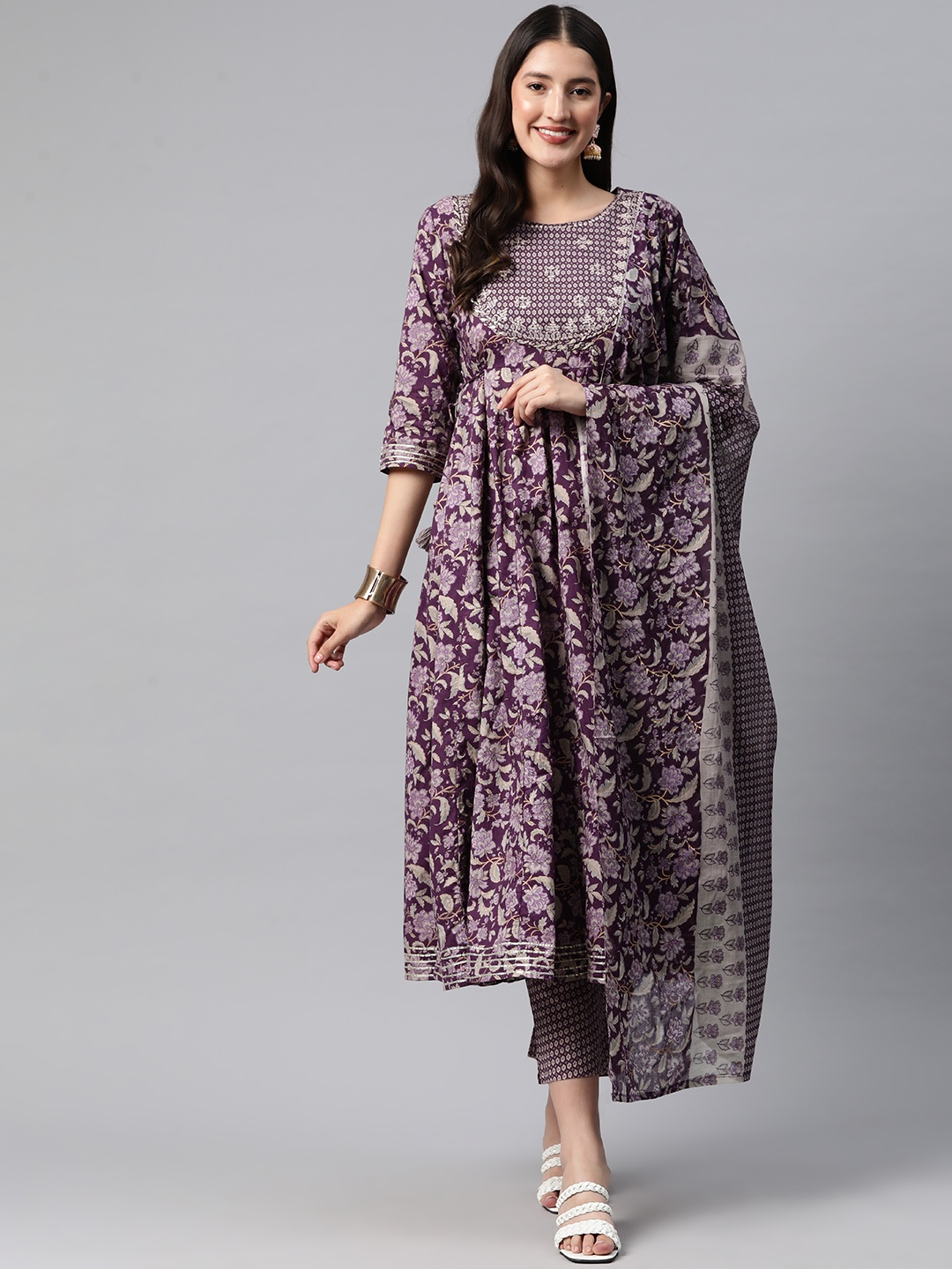 

Readiprint Fashions Floral Printed Pleated Zari Pure Cotton Kurta with Trousers & Dupatta, Purple