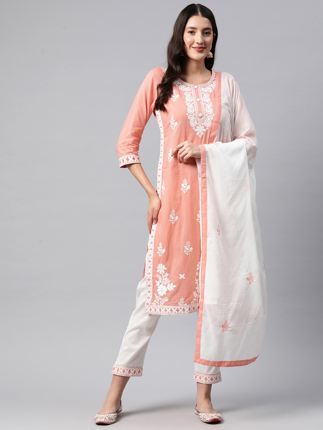 

Readiprint Fashions Paisley Embroidered Chikankari Pure Cotton Kurta Set, Peach