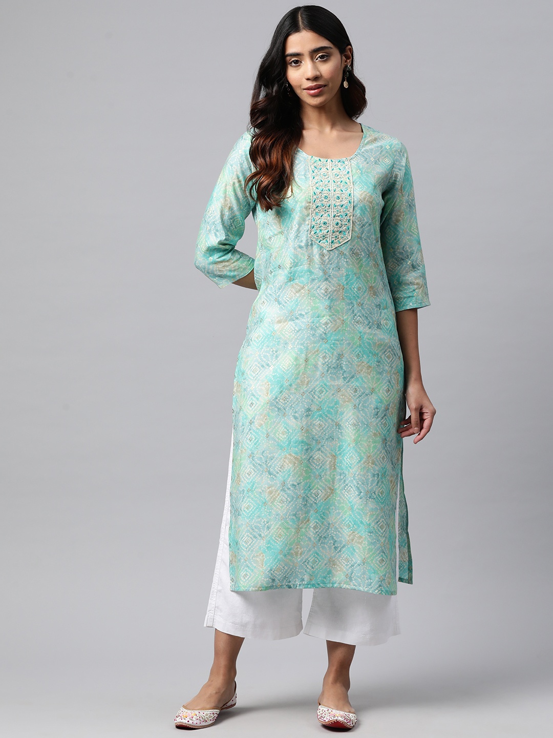 

Readiprint Floral Printed Mirror Work Pure Silk Kurta, Sea green