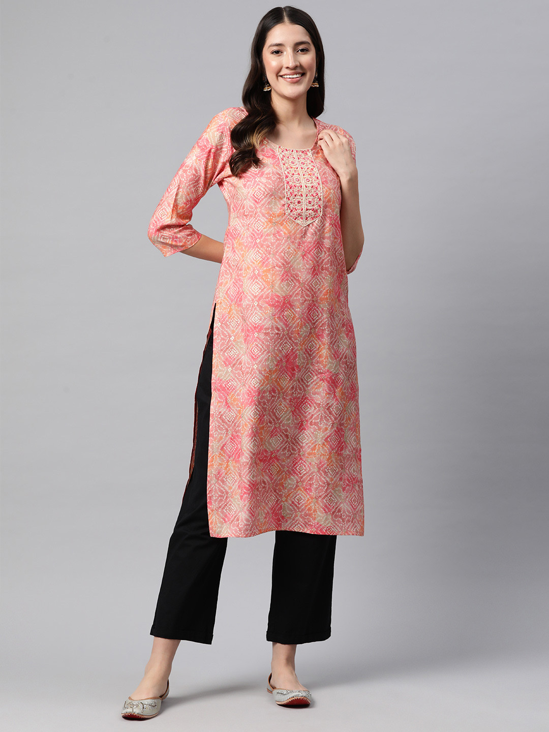 

Readiprint Bandhani Printed Zari Pure Silk Kurta, Pink