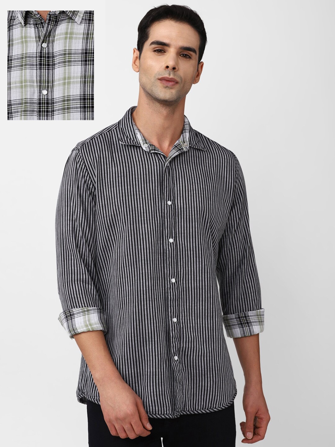 

VAN HEUSEN DENIM LABS Striped Slim Fit Reversible Pure Cotton Casual Shirt, Grey