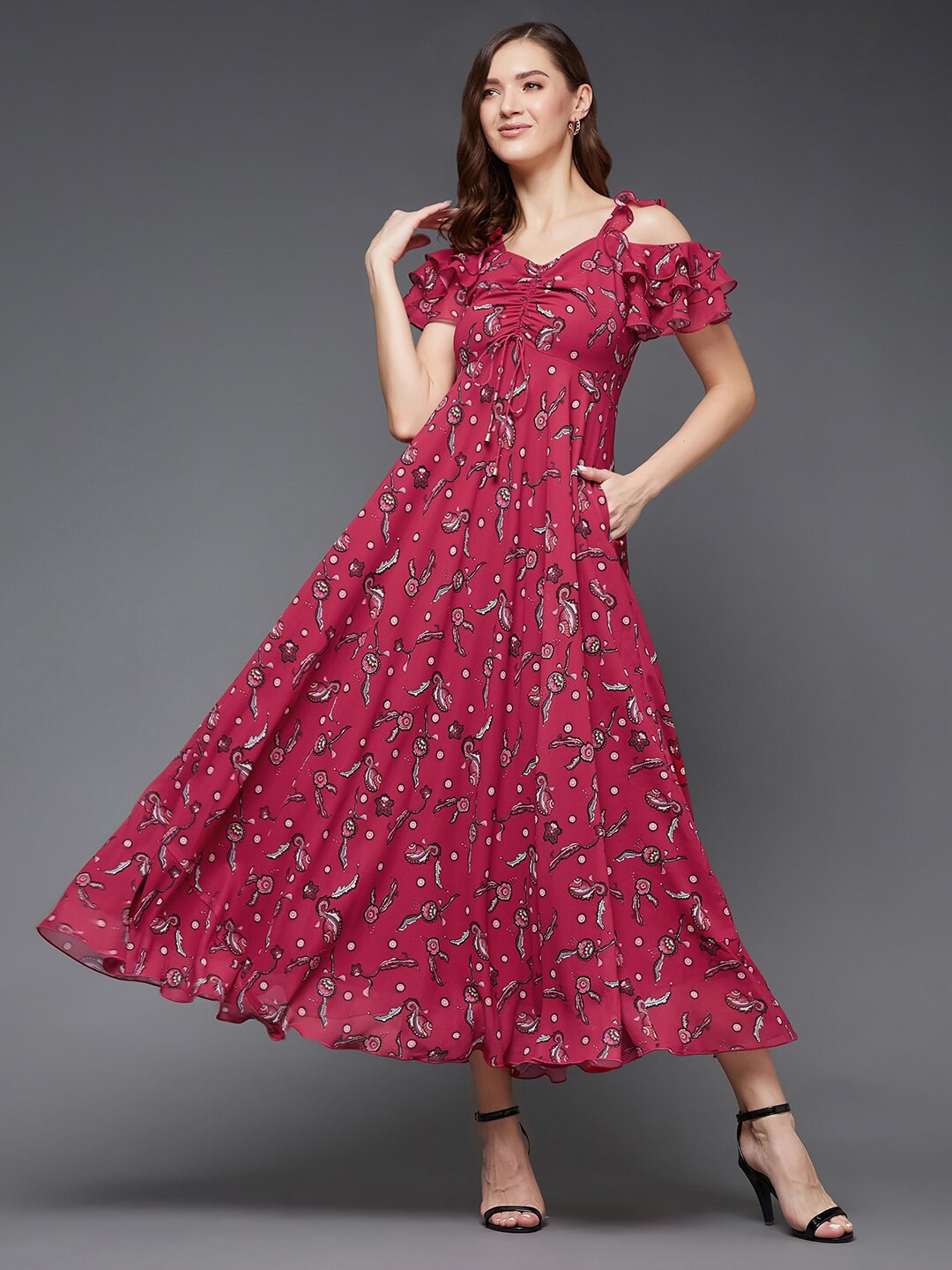 

Miss Chase Maroon Floral Printed Cold Shoulder Maxi Dress