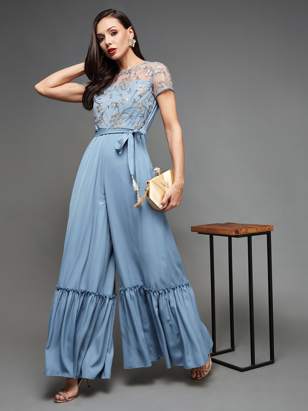 

Miss Chase Blue Self Design Waist Tie-Ups Jumpsuit
