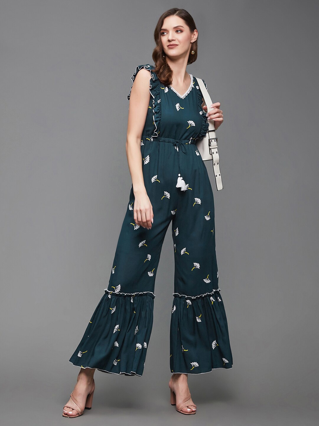 

Miss Chase Teal Blue Floral Printed Ruffled Basic Jumpsuit