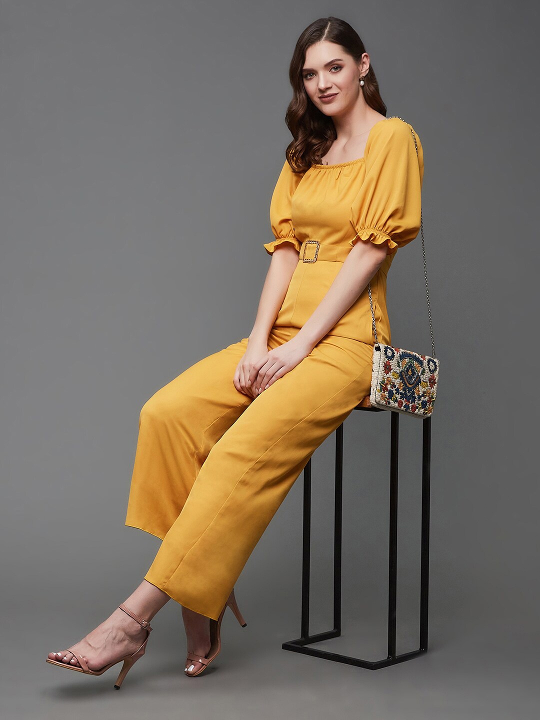 

Miss Chase Mustard Yellow Sqaure Neck Waist Tie-Ups Basic Jumpsuit