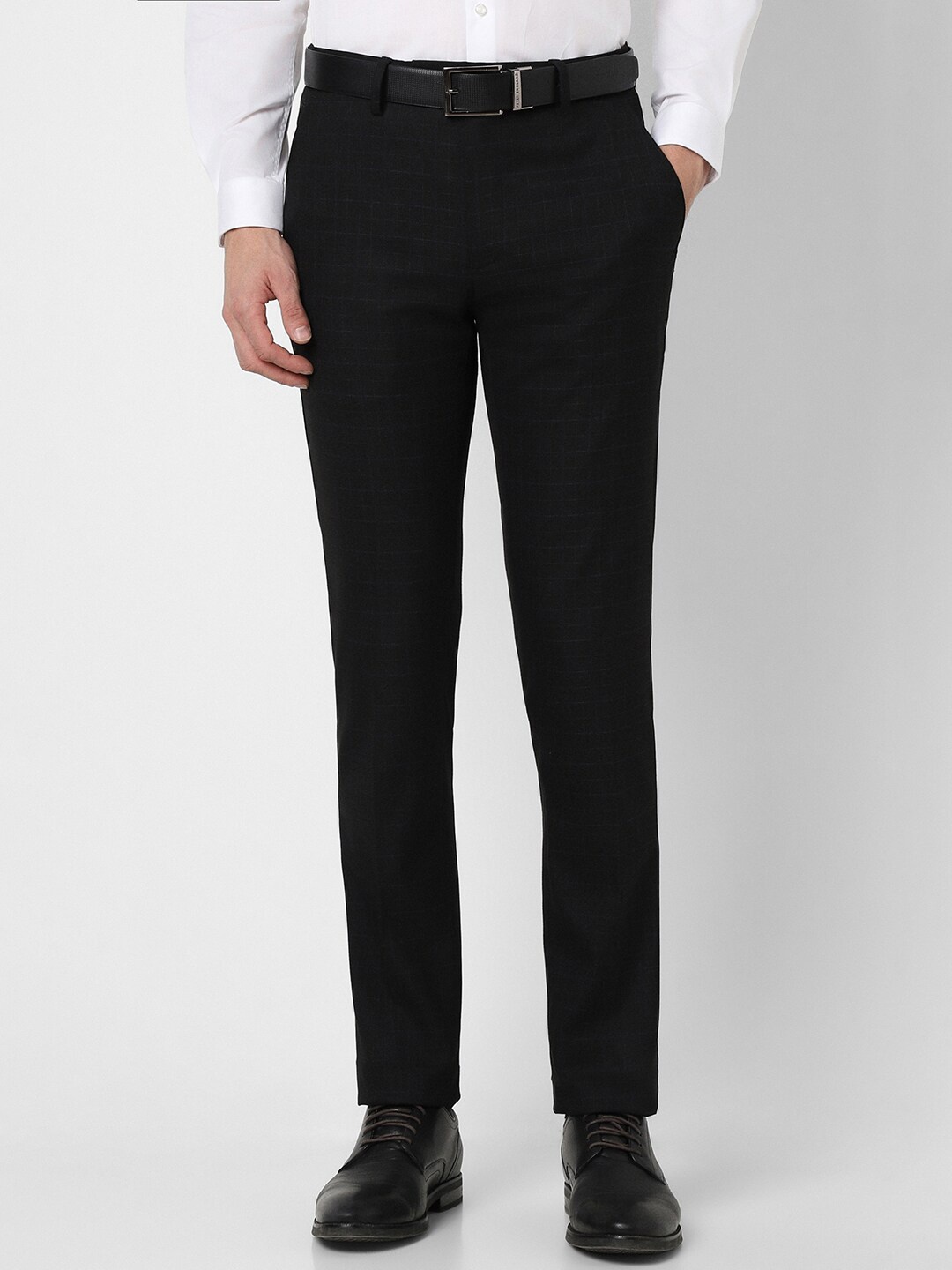 

Peter England Men Checked Slim Fit Formal Trousers, Black