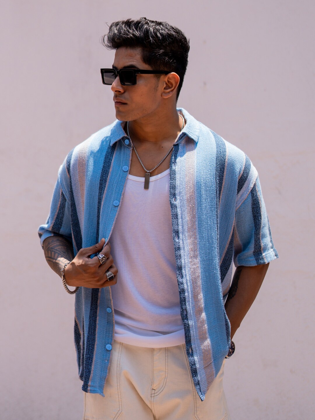 

Powerlook India Slim Oversized Stripes Spread Collar Cotton Casual Shirt, Blue