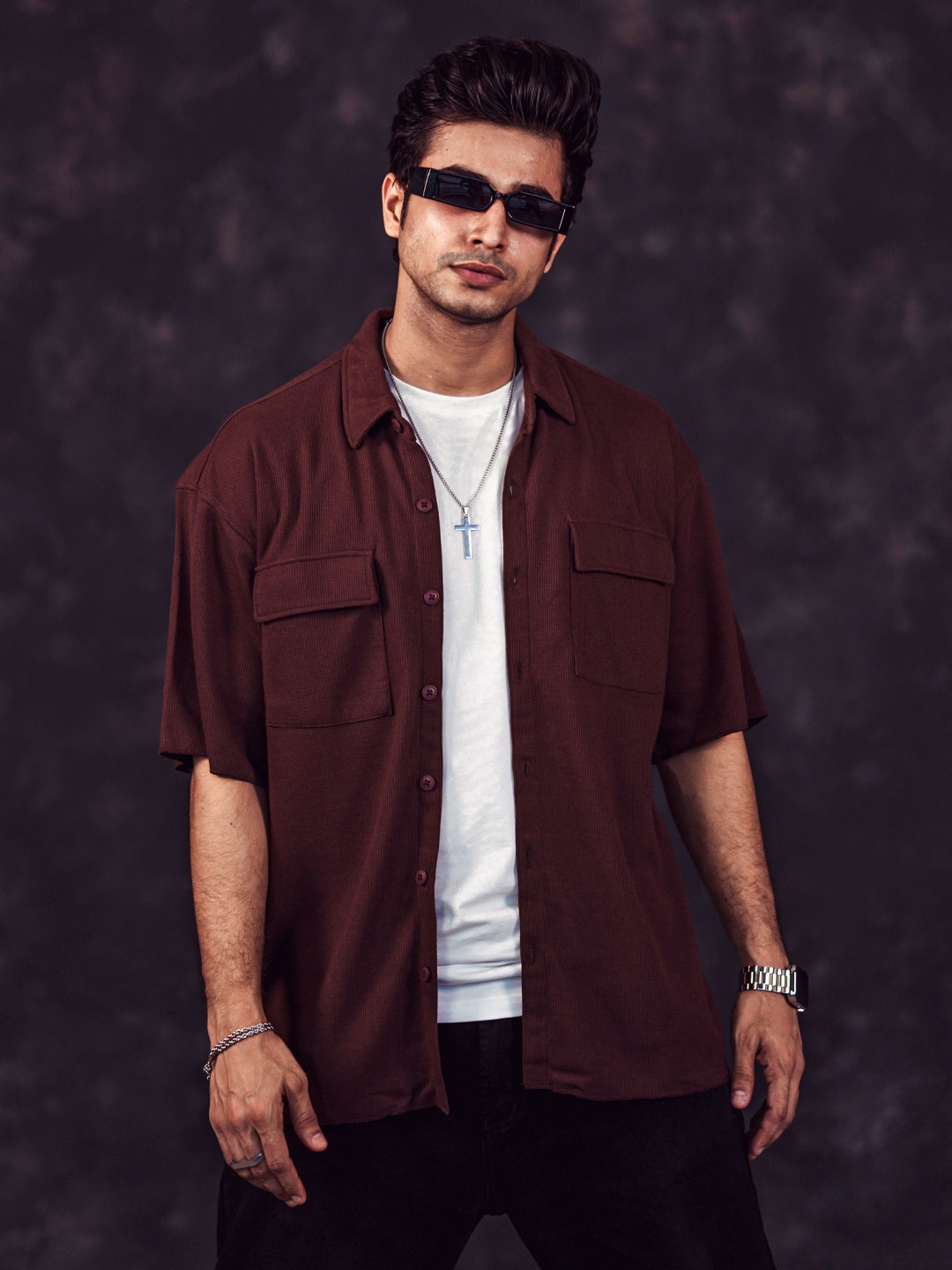 

Powerlook Spread Collar India Slim Oversized Casual Shirt, Brown