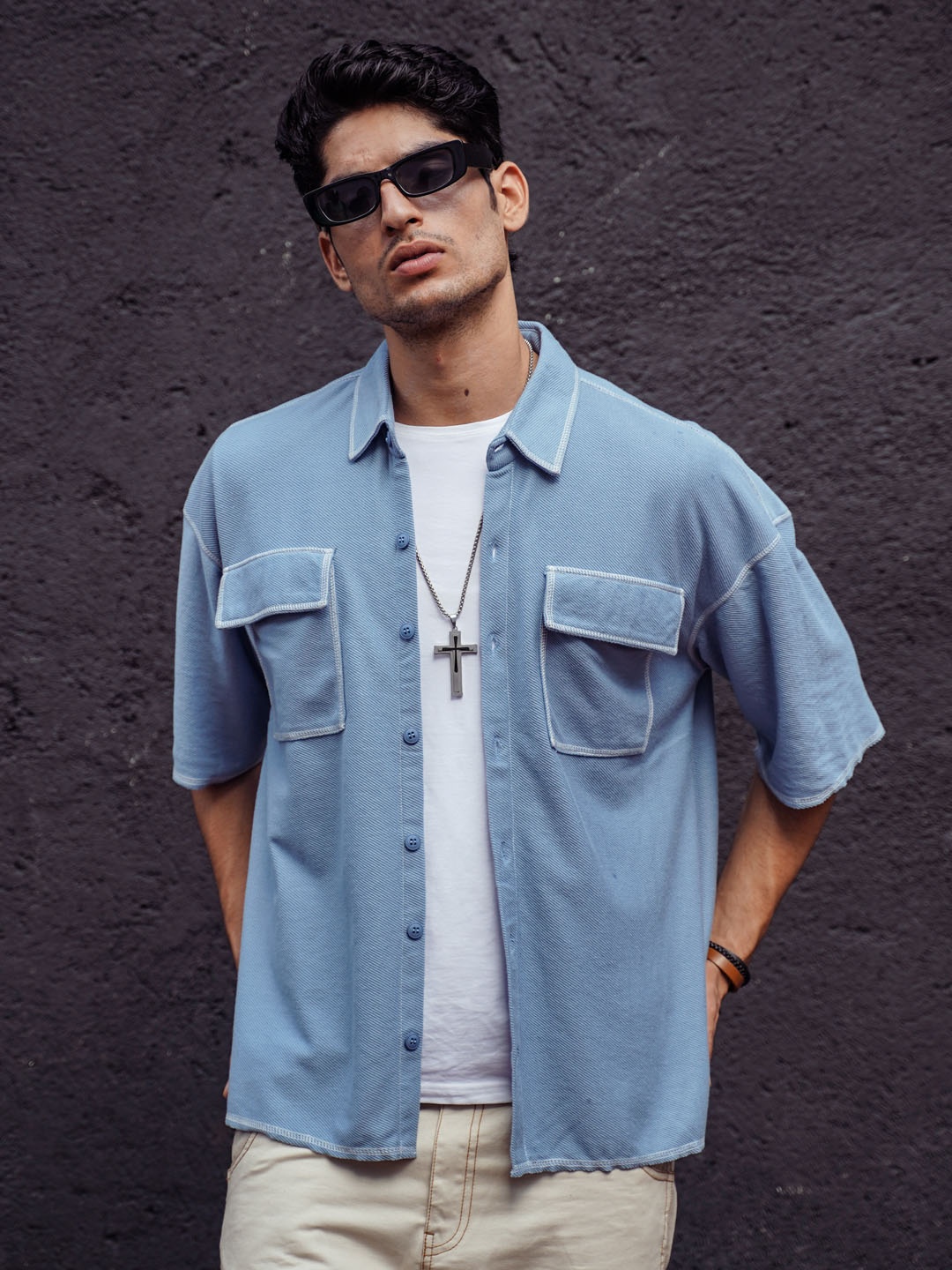 

Powerlook India Slim Oversized Spread Collar Pocket Cotton Shirt, Blue