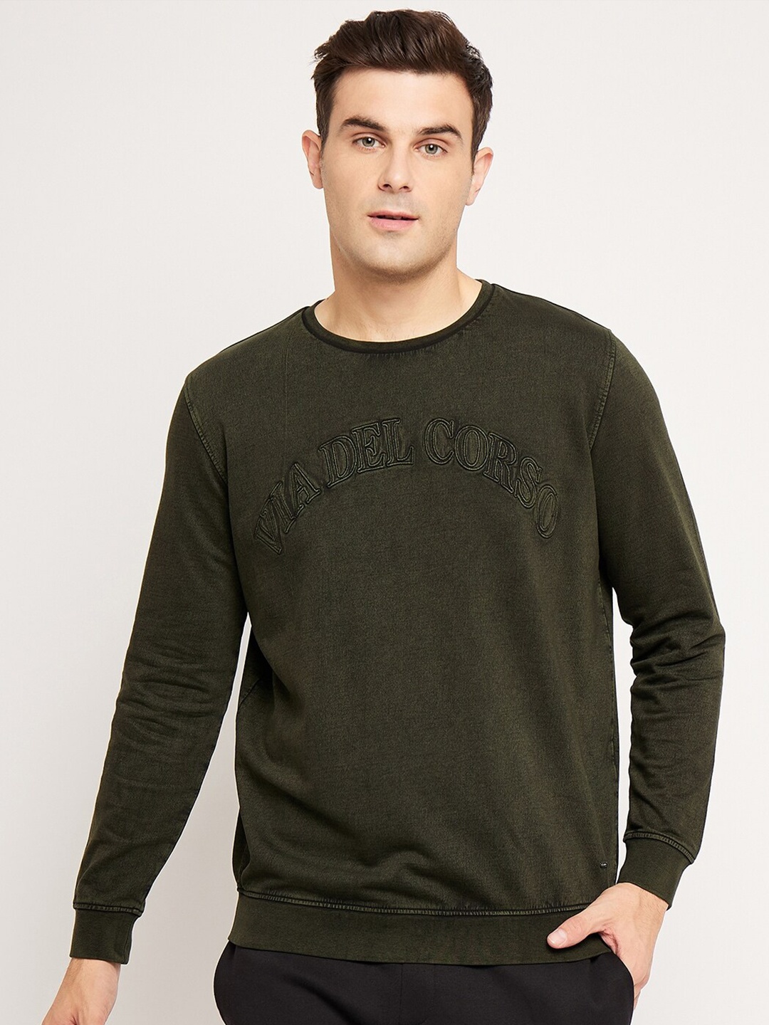 

EDRIO Round Neck Cotton Sweatshirt, Olive