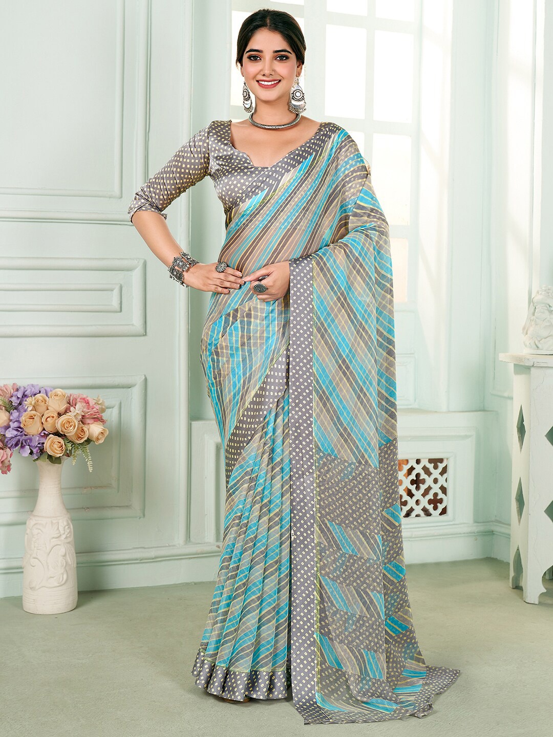 

Anouk Geometric Printed Pure Chiffon Leheriya Saree, Grey