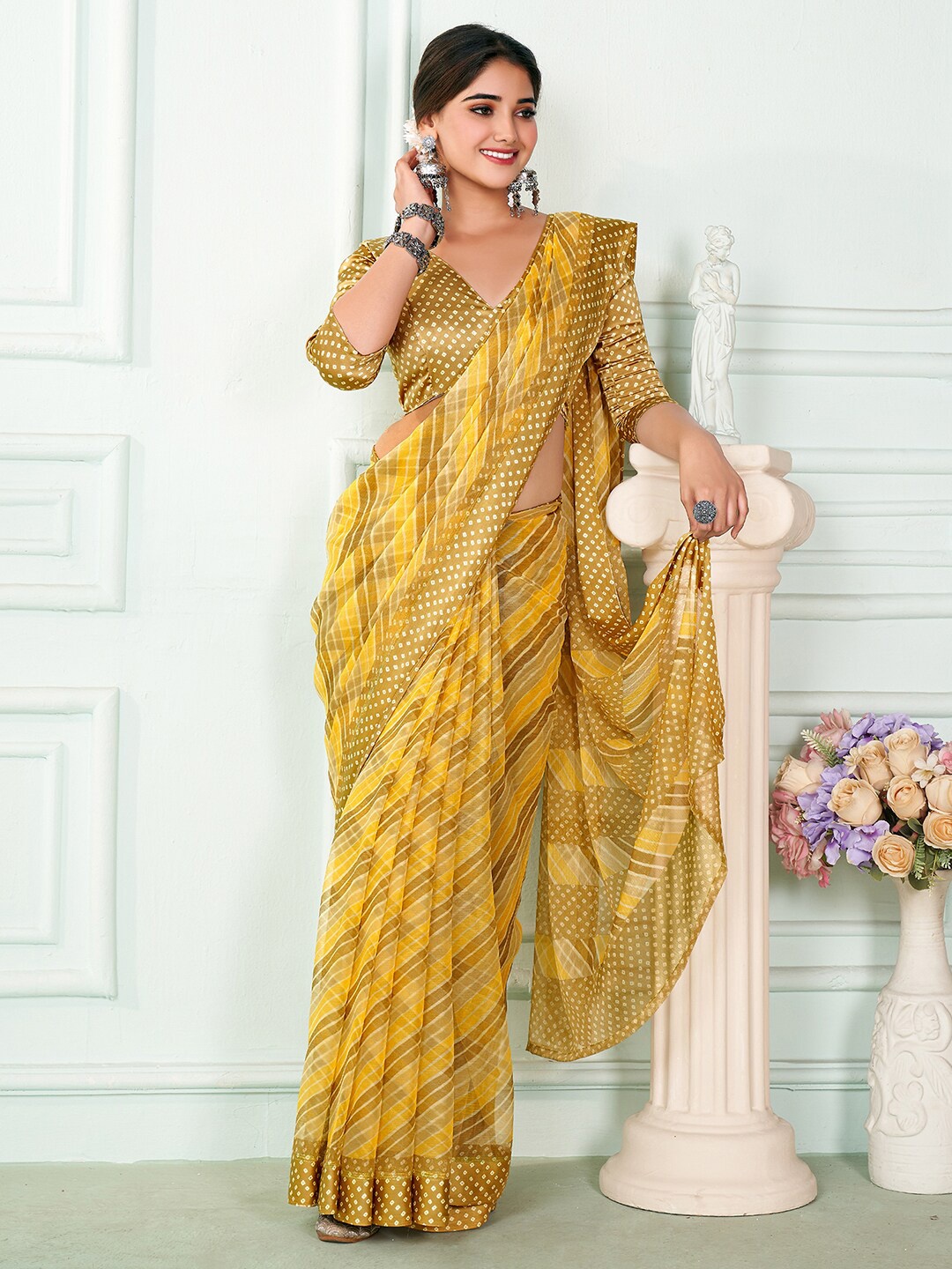 

Anouk Mustard & White Checked Pure Chiffon Saree