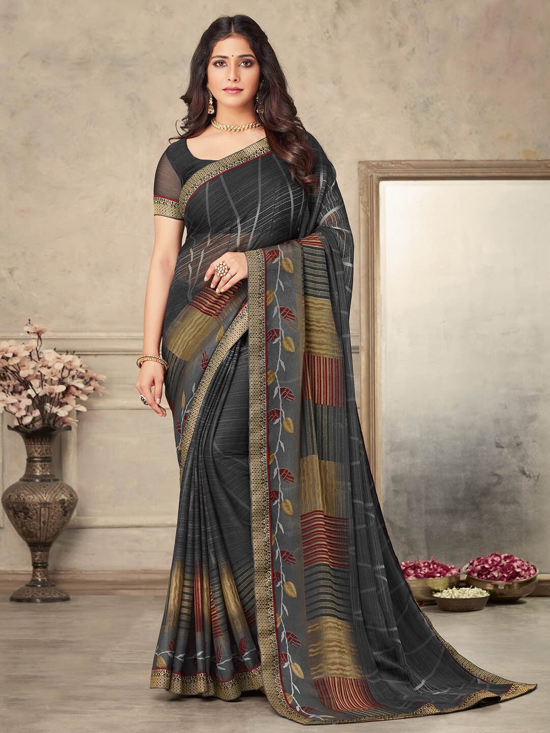 

Anouk Striped Bagru Saree, Black