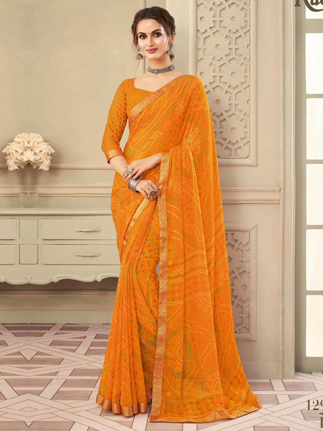 

Anouk Bandhani Printed Zari Pure Chiffon Bagru Saree, Yellow