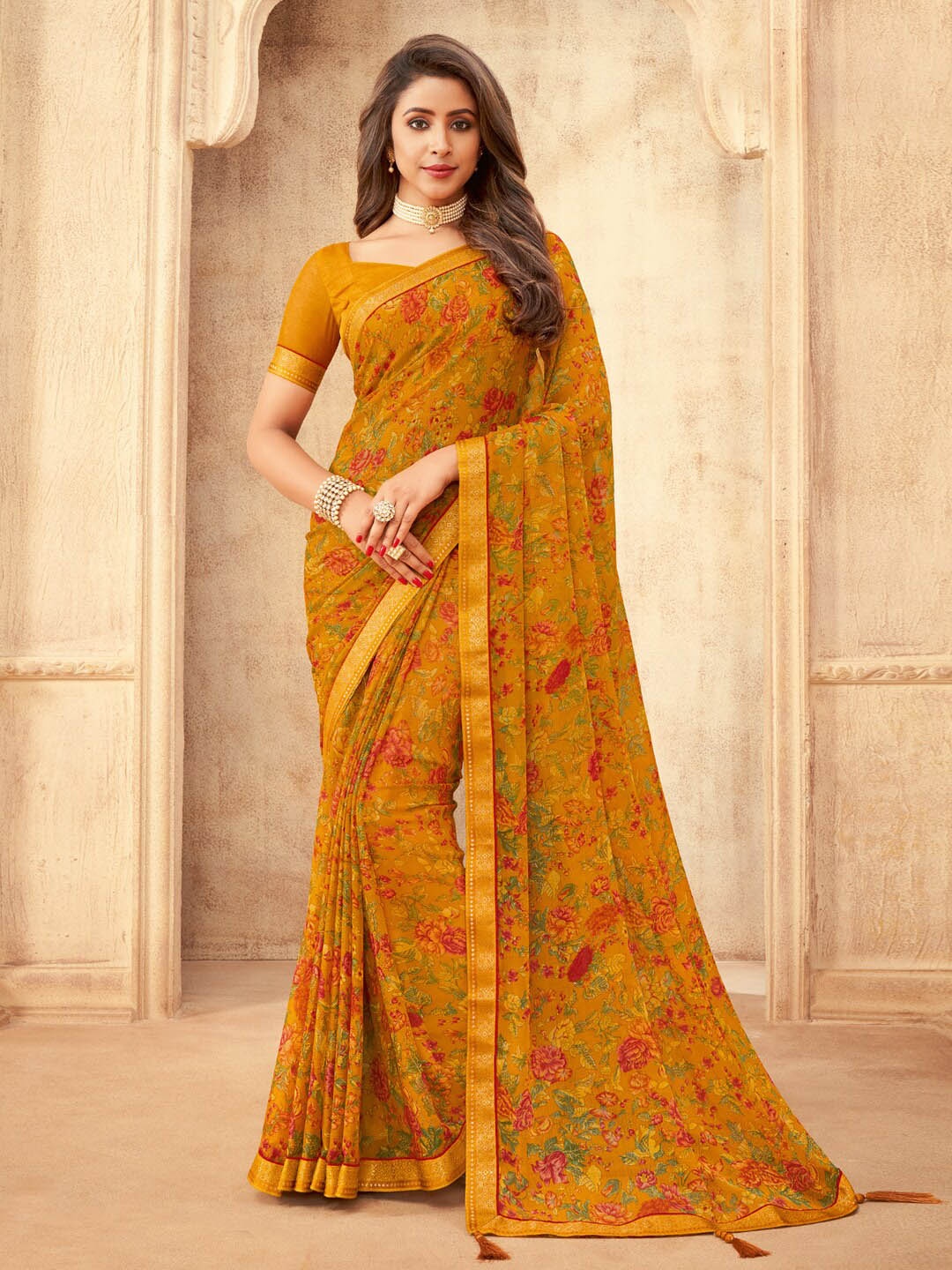 

Anouk Floral Printed Zari Pure Chiffon Bagru Saree, Mustard