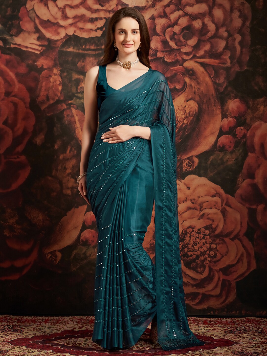 

Anouk Sequin Embellished Pure Georgette Saree, Teal