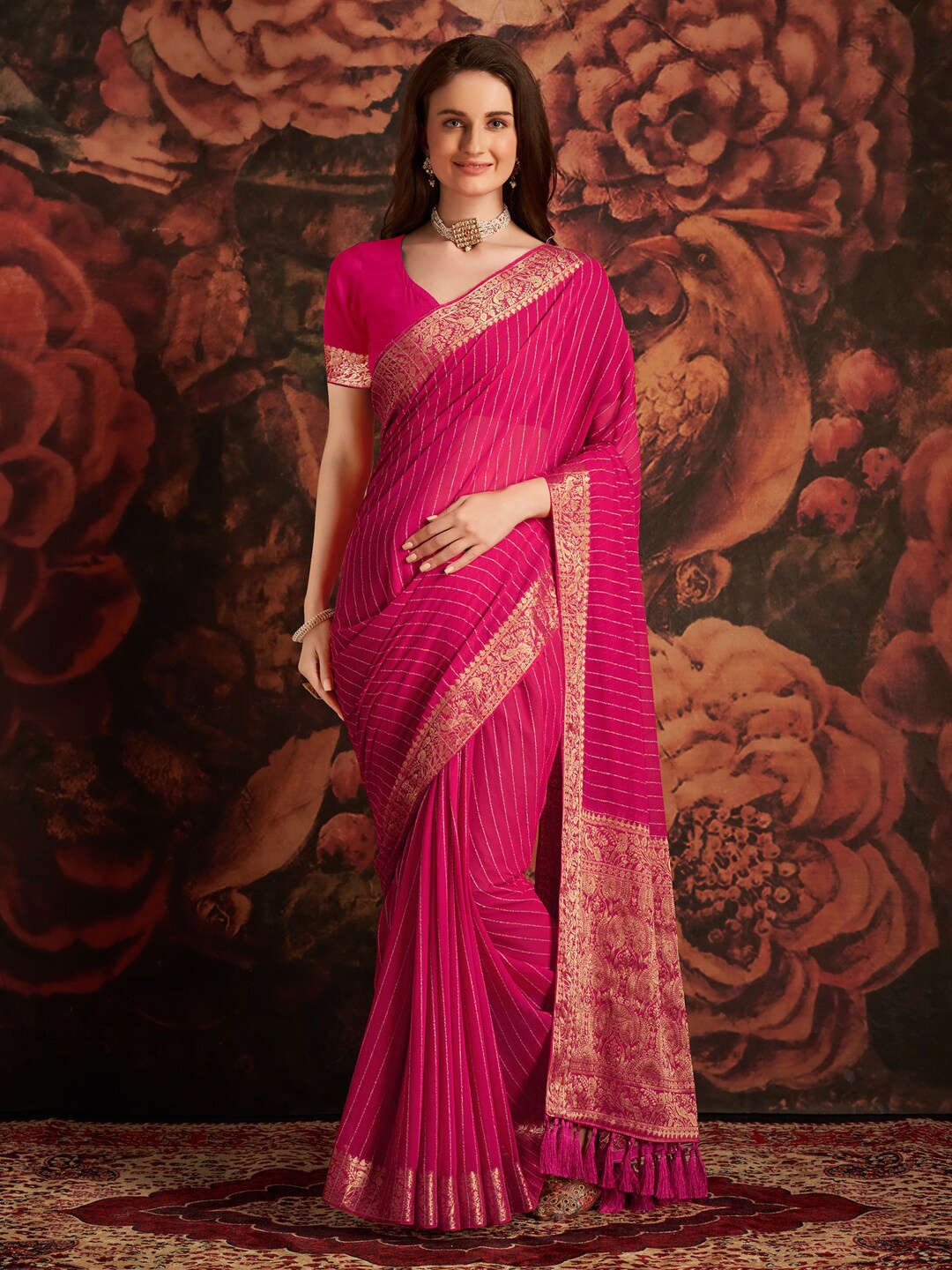 

Anouk Striped Zari Banarasi Saree, Pink