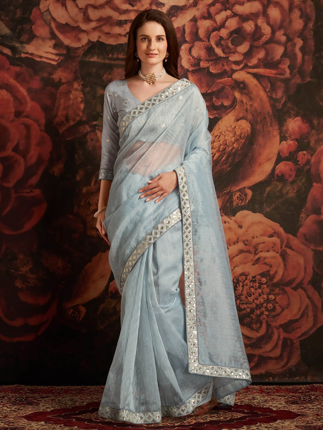 

Anouk Woven Design Sequinned Organza Saree, Blue