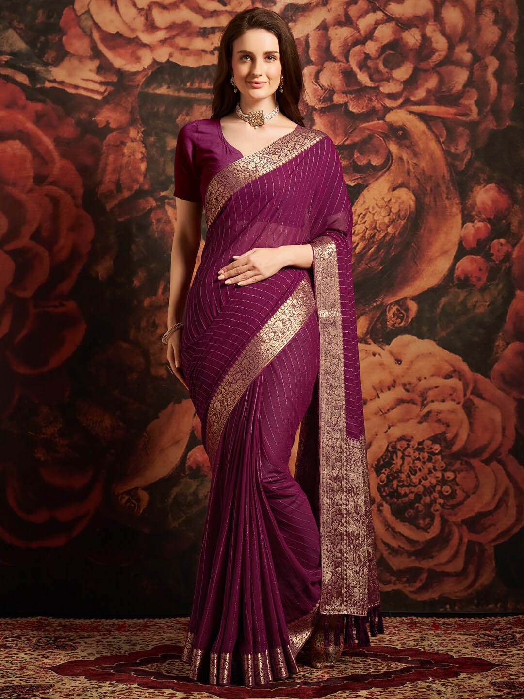 

Anouk Purple & Gold-Toned Striped Zari Pure Georgette Banarasi Saree