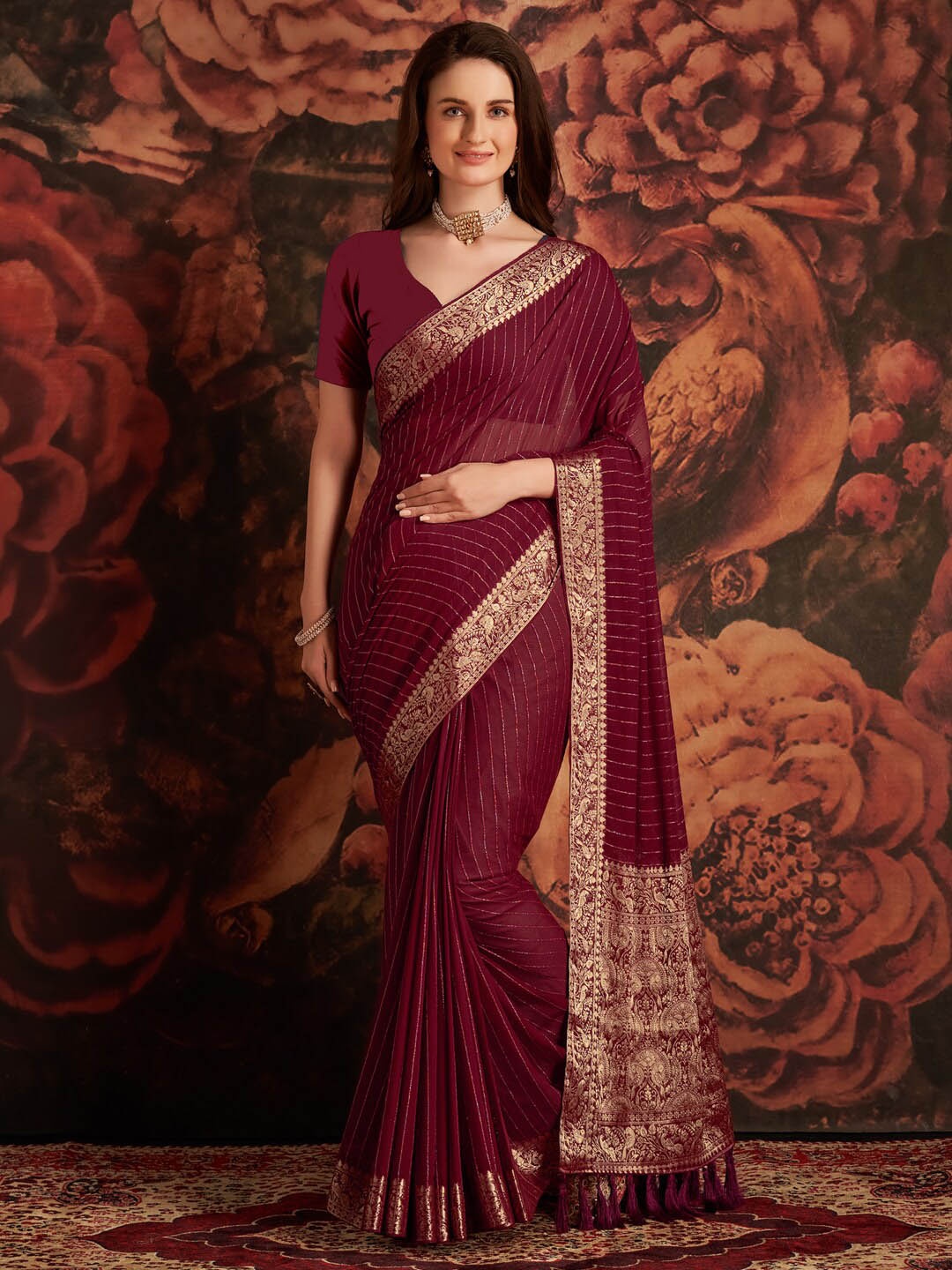 

Anouk Ethnic Motifs Woven Design Zari Pure Georgette Banarasi Saree, Magenta