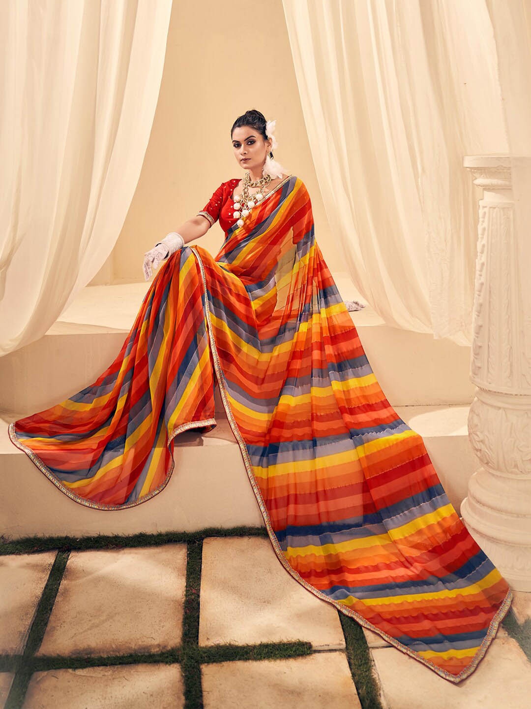 

Anouk Striped Sequinned Leheriya Saree, Red