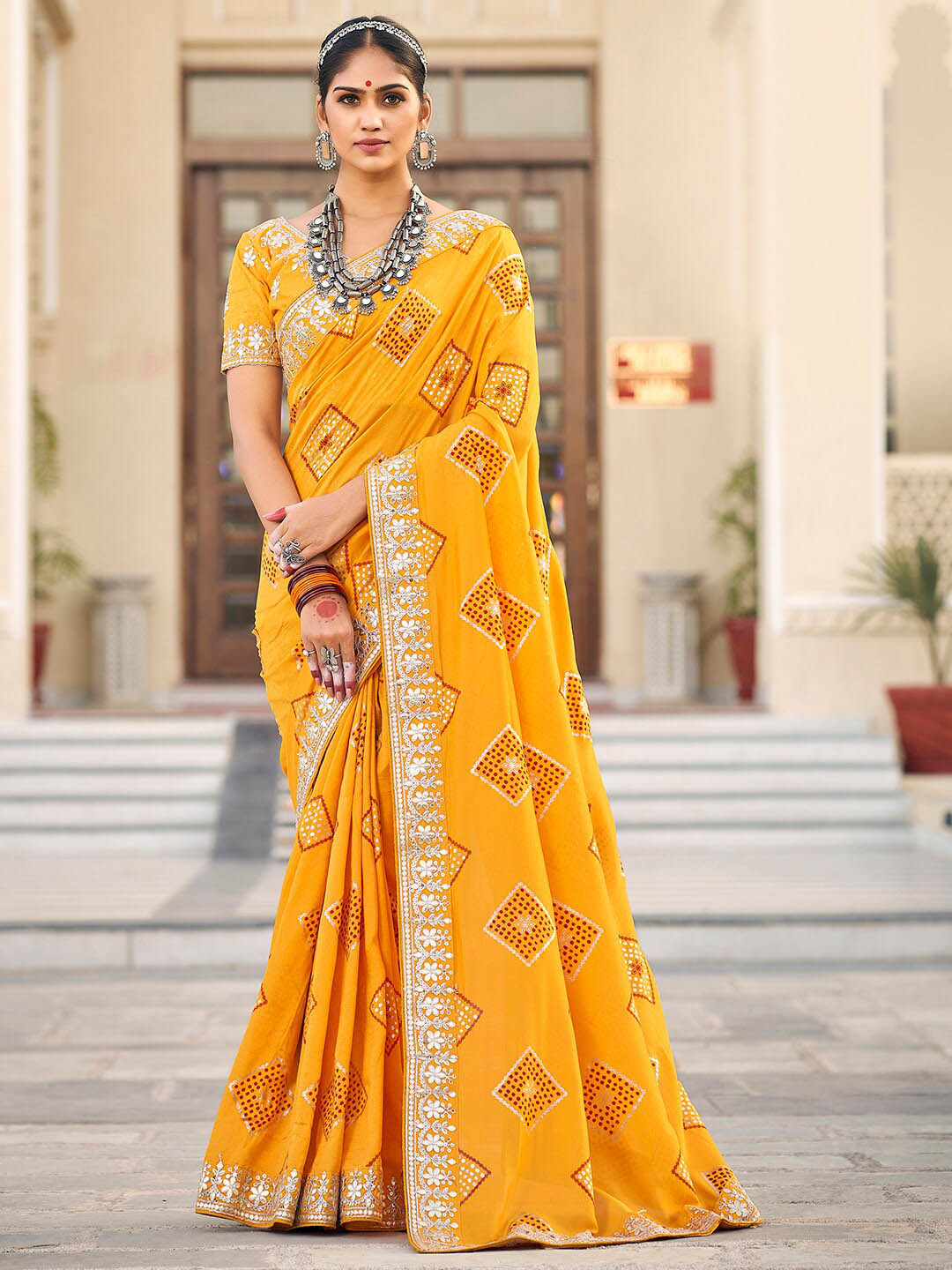 

Anouk Bandhani Printed Embroidered Bandhani Saree, Yellow