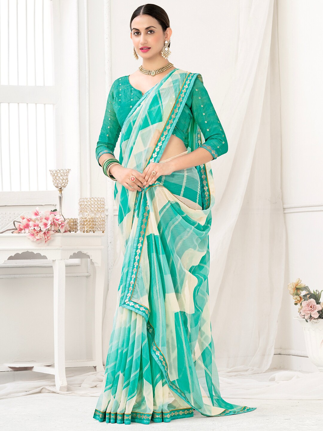 

Anouk Geometric Printed Saree, Turquoise blue