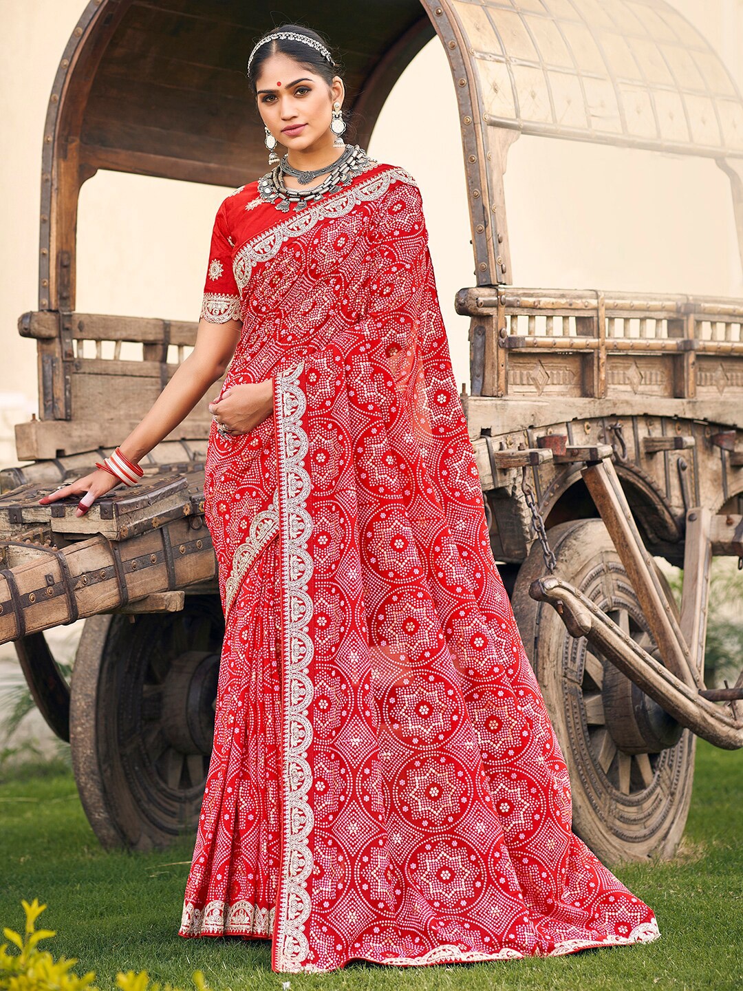 

Anouk Red & White Printed & Embroidered Bandhani Saree