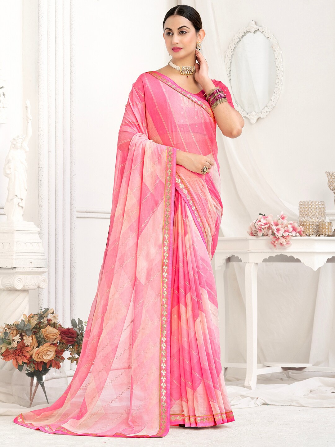 

Anouk Pink & White Striped Pure Chiffon Saree